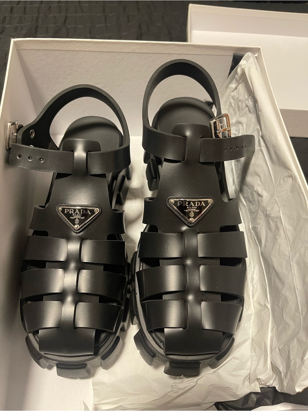 Prada Black Caged Logo Strap Sandals
